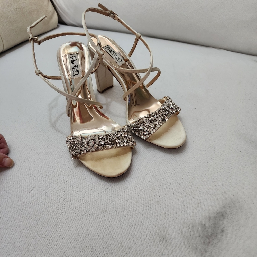 Badgley Mischka Rose Gold Jeweled Ankle-Strap Heels - Picture 6 of 10